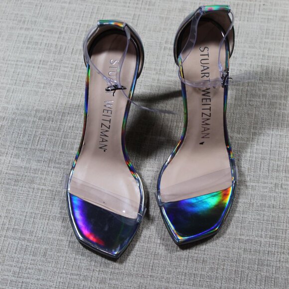 NWOT Stuart Weitzman Size 6.5 Silver and Clear Square Toe 4" Heels - Picture 2 of 6